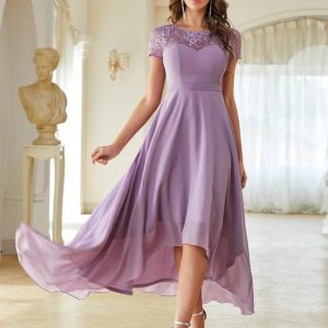 Contrast Lace Yoke High Low Hem Dress (Purple)