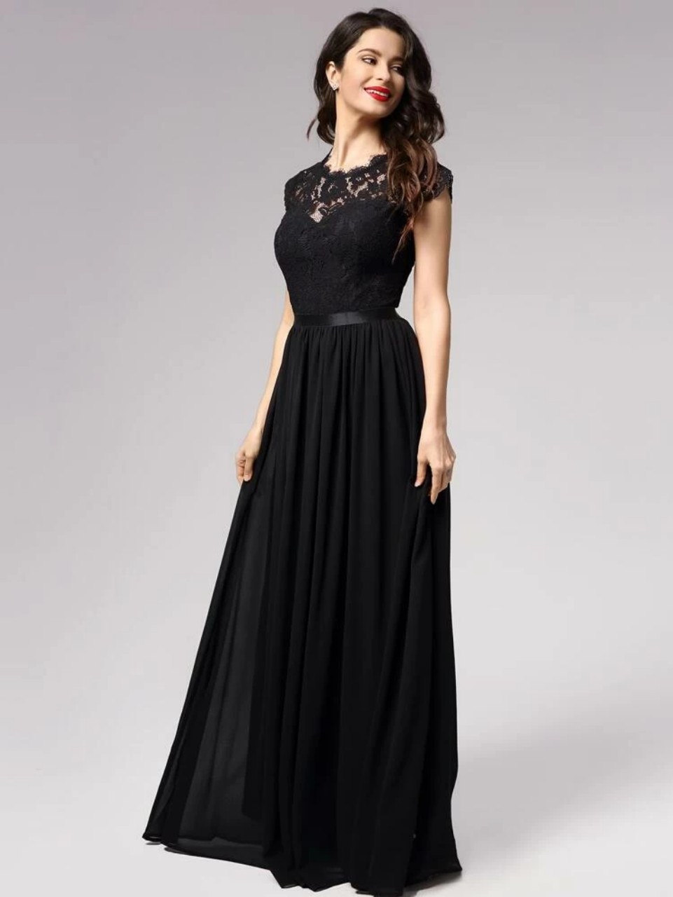 Ribbon Waist Lace Bodice Prom Dress (Black) – CB Shop USA