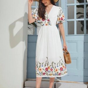 Floral Embroidery Surplice Neck A-line Dress (White)
