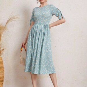 Knotted Cuff Daisy Floral Print Dress (Baby Blue)