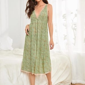 SHEIN Lace Trim Tie Back Ditsy Floral Nightdress (Multicolor)